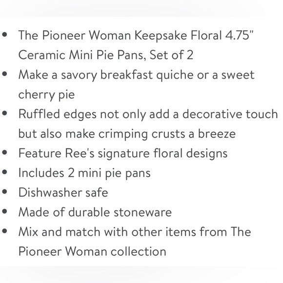 2024 🌺 New Pioneer Woman Keepsake Floral 4.75" Ceramic Mini Pie Pans, Set of 2 - Picture 4 of 8